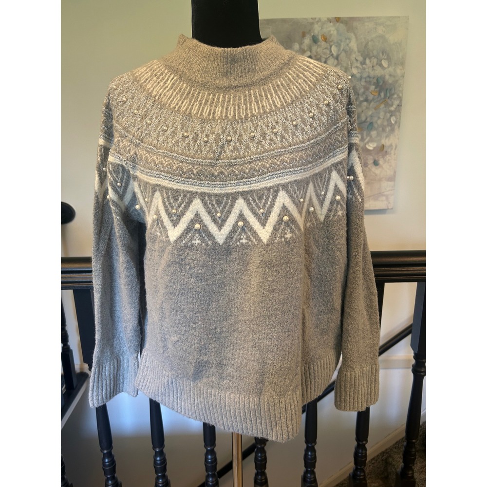Cocobleu Gray Fair Isle Pearl Metallic Mock Neck Sweater Large